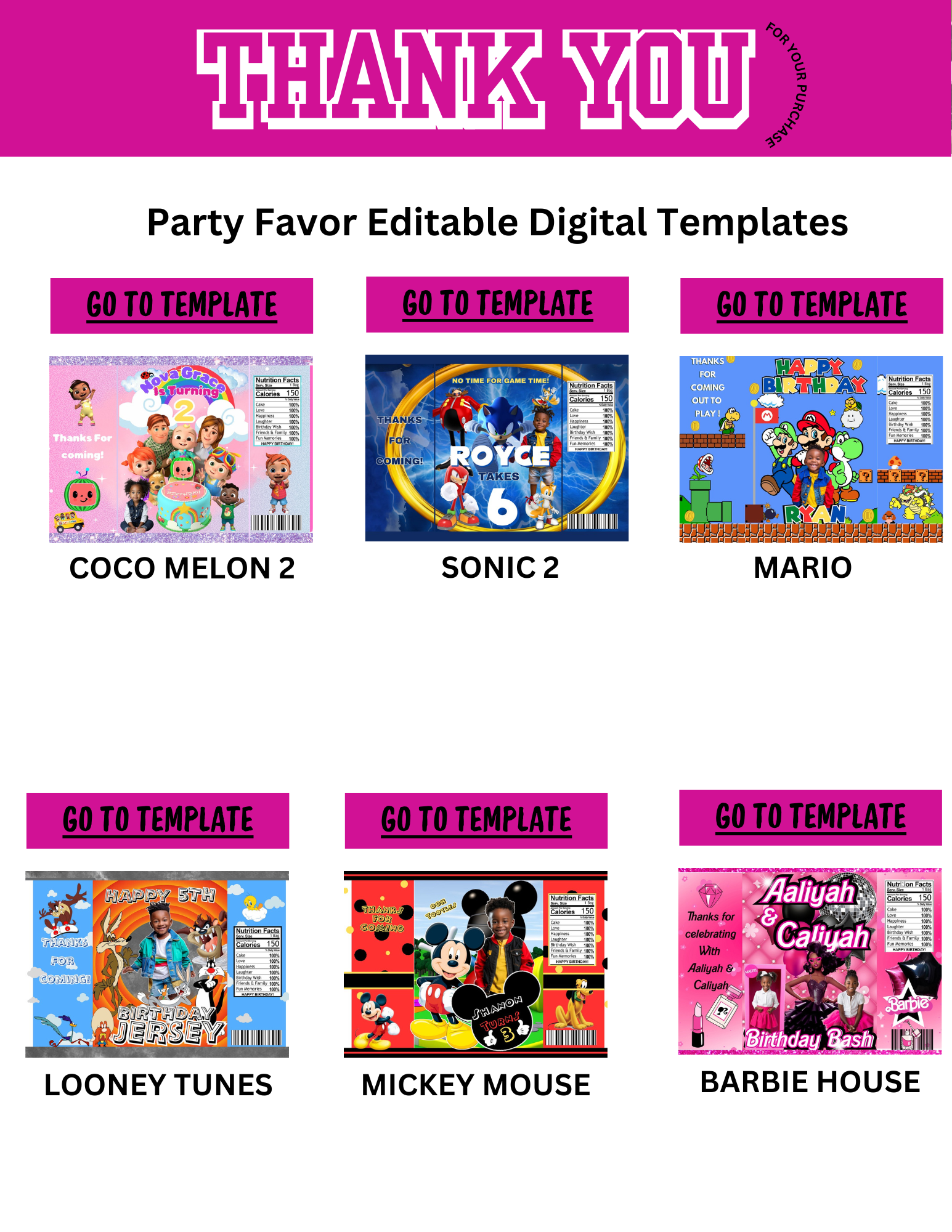 Party Favor Digital Editable Kit Bundle - 101 CANVA Designs