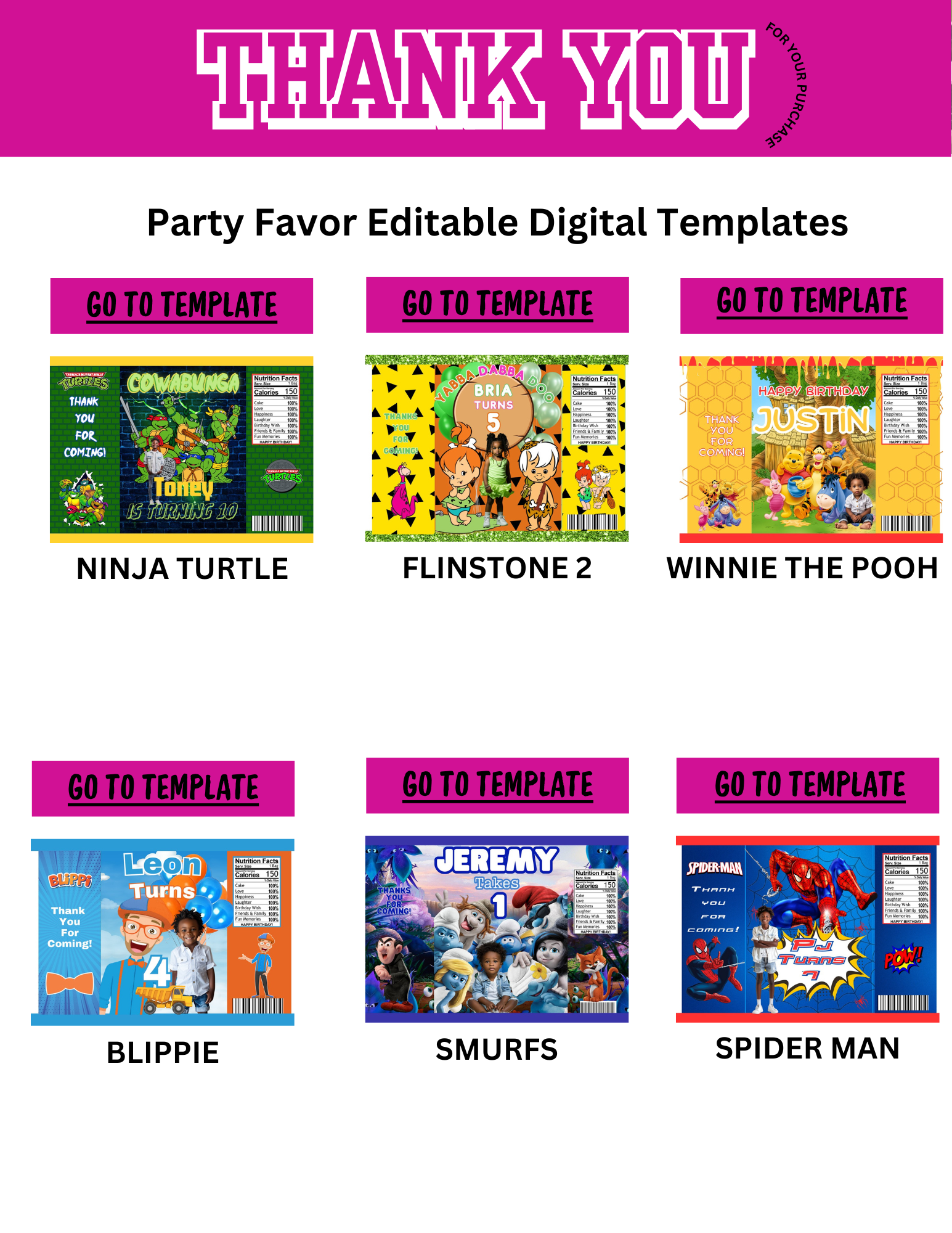 Party Favor Digital Editable Kit Bundle - 101 CANVA Designs