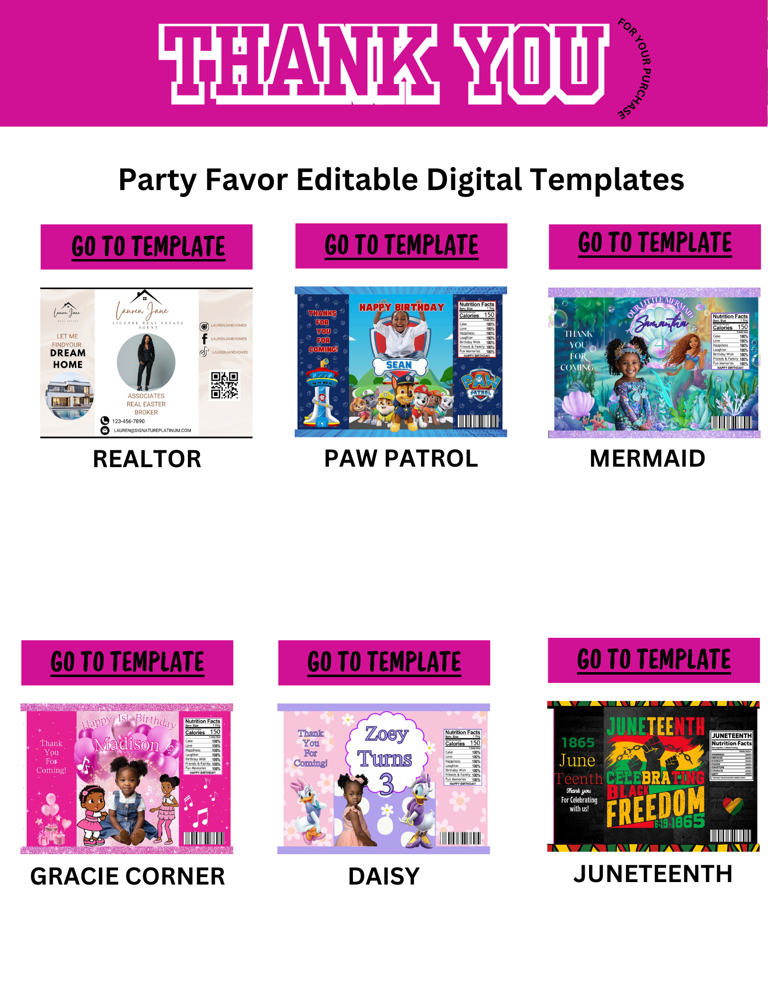 Party Favor Digital Editable Kit Bundle - 101 CANVA Designs