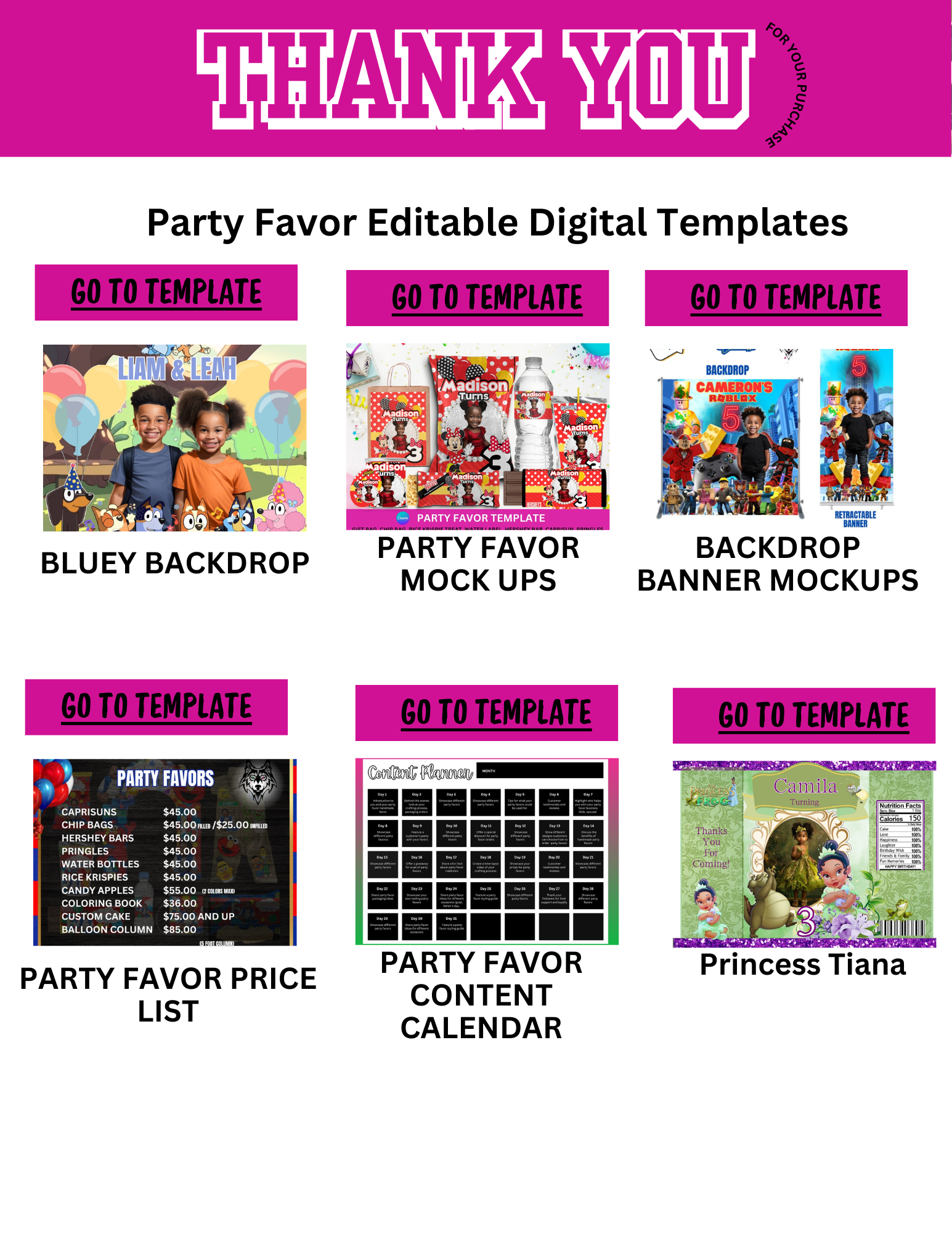 Party Favor Digital Editable Kit Bundle - 101 CANVA Designs